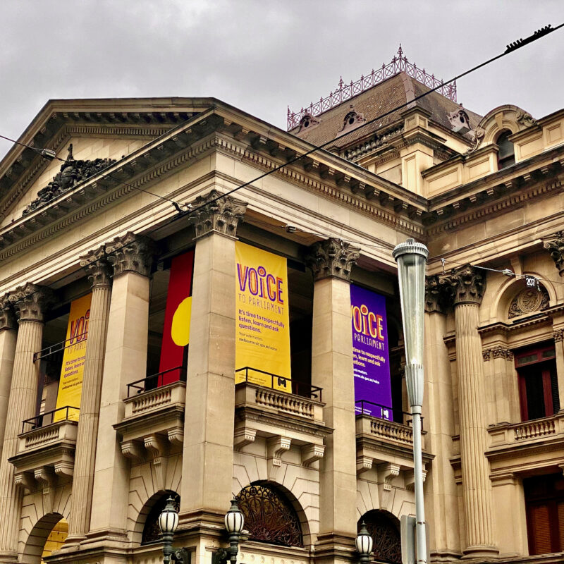 Promotions for the Voice Referendum in Melbourne City Hall
